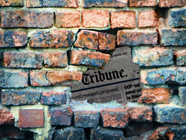 A brick wall with mostly red bricks with the peripheral bricks tinged blue that has a hole in the center and what seems like a newspaper masthead for "The Tribune."