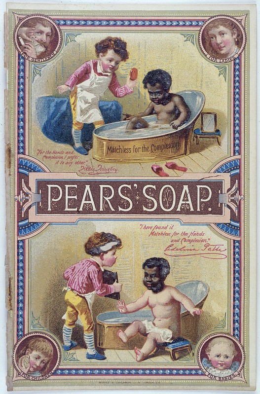 A 19th century style advertisement in two panels. The upper panel shows a black child in a bathtub and a white child giving them a bar of Pear's Soap to bathe with. The lower panel shows the black child out of the bath but with a white body and black face. The caption reads, "Pear's Soap is good for the complexion."